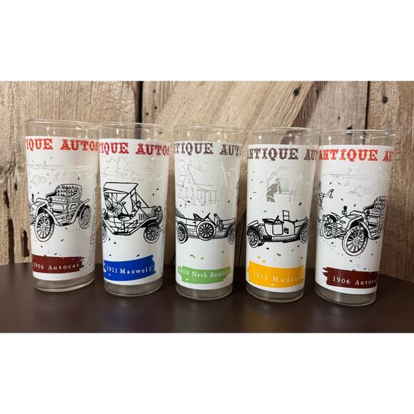 Set Of 5 Tall Classic Car Collectible Antique Autos Drinking Glasses Water Cups - Picture 2 of 10